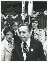 ["Black and white photograph print of close-up of Carl Albert at the 1976 Democratic National Convention."]