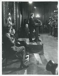 ["Black and white photograph print of Jimmy Carter speaking at a leadership luncheon given in his honor. Carl Albert and Thomas P. O'Neill are present. November 23, 1976"]