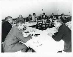 ["Black and white photograph print of William O. Proxmire at the Democratic leadership conference."]