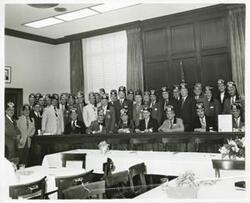 ["Black and white photograph print of group at the Capitol Hill Shrine Club. Carl Albert is pictured."]