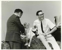 ["Black and white photograph print of Carl Albert with an unidentified man and a little girl at the Senior Citizens Housing groundbreaking ceremony. Oklahoma City. September 21, 1963"]