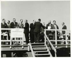 ["Black and white photograph print of Carl Albert and other men at the Senior Citizens Housing groundbreaking ceremony. Oklahoma City. September 21, 1963"]