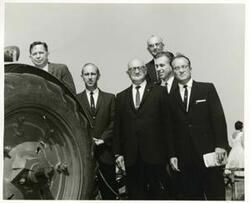 ["Black and white photograph print of Carl Albert and other men at the Senior Citizens Housing groundbreaking ceremony. Oklahoma City. September 21, 1963"]