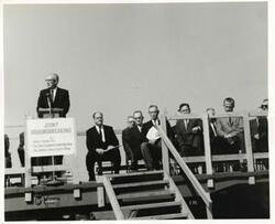 ["Black and white photograph print of Carl Albert and several men at the Senior Citizens Housing groundbreaking ceremony. Oklahoma City. September 21, 1963"]