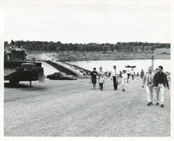 ["Black and white photograph print of the dedication of the Eufaula Dam and Reservoir by President Lyndon B. Johnson. September 25, 1964"]