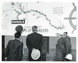 ["Black and white photograph print of Carl Albert, Lyndon B. Johnson, and others at the dedication of the Eufaula Dam and Reservoir. September 25, 1964"]