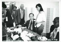 ["Black and white photograph print of Carl Albert at the dedication of the housing projects at Tishomingo. June 1971"]