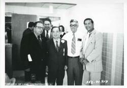 ["Black and white photograph print of Carl Albert at the dedication of the housing projects at Tishomingo. June 1971"]