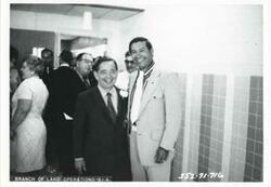 ["Black and white photograph print of Carl Albert at the dedication of the housing projects at Tishomingo. June 1971"]