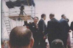 ["Black and white photograph print of Carl Albert at the dedication of the McClellan-Kerr Arkansas River Navigation System."]