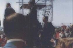 ["Black and white photograph print of Carl Albert at the dedication of the McClellan-Kerr Arkansas River Navigation System."]