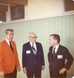 ["Color  photograph print of Carl Albert at the Oklahoma State Fairgrounds. He was giving a speech at the Energy Program. Ray Trent is also present. September 29, 1973"]