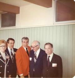 ["Color  photograph print of Carl Albert at the Oklahoma State Fairgrounds. He was giving a speech at the Energy Program. Ray Trent is also present. September 29, 1973"]