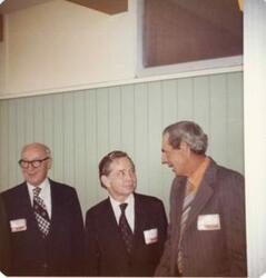 ["Color  photograph print of Carl Albert at the Oklahoma State Fairgrounds. He was giving a speech at the Energy Program. Ray Trent is also present. September 29, 1973"]