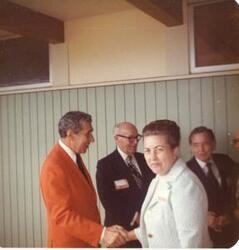 ["Color  photograph print of Carl Albert at the Oklahoma State Fairgrounds. He was giving a speech at the Energy Program. Ray Trent is also present. September 29, 1973"]