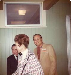 ["Color  photograph print of Carl Albert at the Oklahoma State Fairgrounds. He was giving a speech at the Energy Program. Ray Trent is also present. September 29, 1973"]