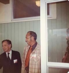 ["Color  photograph print of Carl Albert at the Oklahoma State Fairgrounds. He was giving a speech at the Energy Program. Ray Trent is also present. September 29, 1973"]