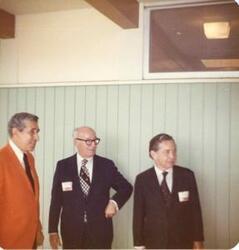["Color  photograph print of Carl Albert at the Oklahoma State Fairgrounds. He was giving a speech at the Energy Program. Ray Trent is also present. September 29, 1973"]