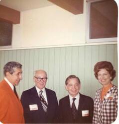 ["Color  photograph print of Carl Albert at the Oklahoma State Fairgrounds. He was giving a speech at the Energy Program. Ray Trent is also present. September 29, 1973"]