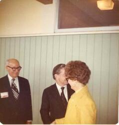 ["Color  photograph print of Carl Albert at the Oklahoma State Fairgrounds. He was giving a speech at the Energy Program. Ray Trent is also present. September 29, 1973"]