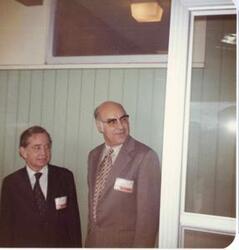 ["Color  photograph print of Carl Albert at the Oklahoma State Fairgrounds. He was giving a speech at the Energy Program. Ray Trent is also present. September 29, 1973"]