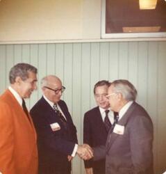 ["Color  photograph print of Carl Albert at the Oklahoma State Fairgrounds. He was giving a speech at the Energy Program. Ray Trent is also present. September 29, 1973"]