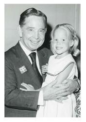 ["Black and white photograph print of Carl Albert with Tracey Lynne Forehand, 1973 Poster Child for the National Cystic Fibrosis Research Foundation. July 21, 1973"]