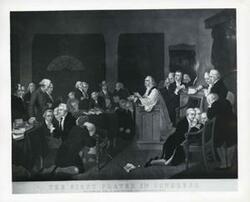 ["Black and white photograph print of photo of print depicting the first prayer in Congress."]