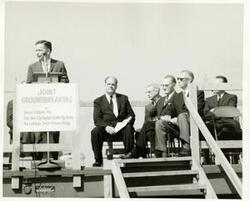 ["Black and white photograph print of Carl Albert speaking at the Senior Citizens Housing groundbreaking. Oklahoma City. September 21, 1963"]
