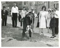 ["Black and white photograph print of Carl Albert at a tree dedication. Mary Frances Albert and David Albert and others are present. May 17, 1964"]
