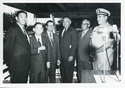 ["Black and white photograph print of Carl Albert with an unidentified group in Tuskahoma, Oklahoma. Labor Day, 1967"]