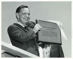 ["Black and white photograph print of Port Carl Albert dedication. Carl Albert is holding a plaque. May 27, 1972"]