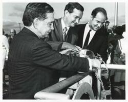 ["Black and white photograph print of Carl Albert and Ed Edmondson at the dedications of the W. D. Mayo and Robert S. Kerr locks and dams on October 24, 1970"]