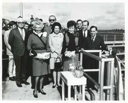 ["Black and white photograph print of Carl Albert, Lyndon B. Johnson, Lady Bird Johnson, Ed Edmondson, and Grayce Kerr with others at the dedications of the W. D. Mayo and Robert S. Kerr locks and dams on October 24, 1970"]