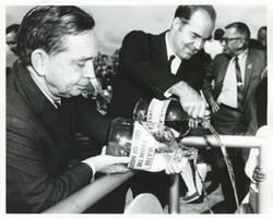 ["Black and white photograph print of Carl Albert and Ed Edmondson at the dedication of the W. D. Mayo and Robert S. Kerr locks and dams on October 24, 1970"]
