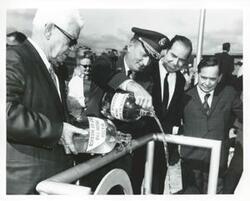 ["Black and white photograph print of Carl Albert and Ed Edmondson at the dedication of the W. D. Mayo and Robert S. Kerr locks and dams on October 24, 1970"]