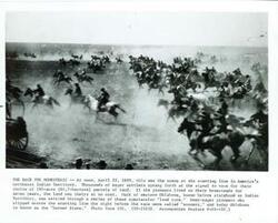 ["Black and white photograph print of Land Run for the Northeast Indian Territory. April 22, 1889"]