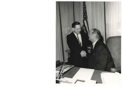 ["Black and white photograph print of Carl Albert and President Lyndon B. Johnson"]