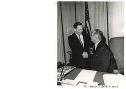 ["Black and white photograph print of Carl Albert and President Lyndon B. Johnson"]