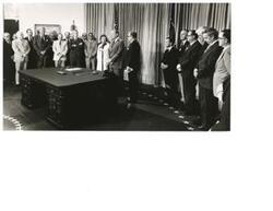 ["Black and white photograph print of Carl Albert at Partisan Leadership Conference in White House. Gerald R. Ford is speaking (with Betty Ford at his side). August 20, 1974"]