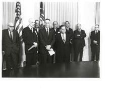 ["Black and white photograph of House Speaker John W. McCormack; Vice-President Hubert Humphrey; Carl Albert; and Arizona Senator Carl Hayden."]