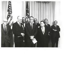 ["Black and white photograph of House Speaker John W. McCormack; Vice-President Hubert Humphrey; Carl Albert; and Arizona Senator Carl Hayden."]