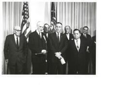 ["Black and white photograph of House Speaker John W. McCormack; Vice-President Hubert Humphrey; Carl Albert; and Arizona Senator Carl Hayden."]