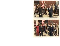 ["Two color photographs of Carl Albert and another unidentified man holding a flag at a Veterans' event in Hugo, Oklahoma. 1970."]