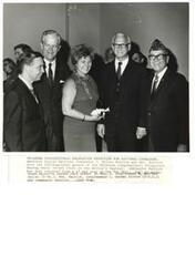 ["Black and white photograph of Carl Albert at the Oklahoma Congressional delegation reception for American Legion National Commander J. Milton Patrick. From left: Carl Albert, W.C. Daniel (D-VA), Mrs. J. Milton Patrick, L. Mendel Rivers (D-SC), and Commander Patrick. October 1969"]
