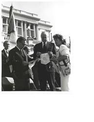 ["Black and white photograph of Carl Albert with a Missing in Action and Prisoner of War advocate."]