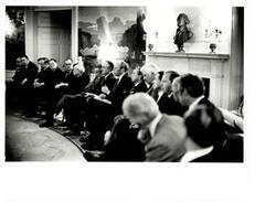 ["Black and white photograph of a Bi-partisan leadership Meeting in the Diplomatic Reception Room of the White House.  In attendance are: John Anderson, Robert C. Byrd, James O. Eastland, Gerald R. Ford, Robert P. Griffin, Mike Mansfield, Robert Michel, John McFall, Thomas P. O'Neill, John Rhodes, and Hugh Scott."]