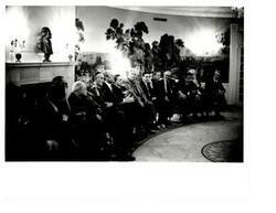 ["Black and white photograph of a Bi-partisan leadership Meeting in the Diplomatic Reception Room of the White House.  In attendance are: John Anderson, Robert C. Byrd, James O. Eastland, Gerald R. Ford, Robert P. Griffin, Mike Mansfield, Robert Michel, John McFall, Thomas P. O'Neill, John Rhodes, and Hugh Scott."]