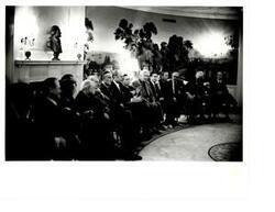 ["Black and white photograph of a Bi-partisan leadership Meeting in the Diplomatic Reception Room of the White House.  In attendance are: John Anderson, Robert C. Byrd, James O. Eastland, Gerald R. Ford, Robert P. Griffin, Mike Mansfield, Robert Michel, John McFall, Thomas P. O'Neill, John Rhodes, and Hugh Scott."]