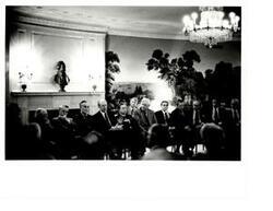 ["Black and white photograph of a Bi-partisan leadership Meeting in the Diplomatic Reception Room of the White House.  In attendance are: John Anderson, Robert C. Byrd, James O. Eastland, Gerald R. Ford, Robert P. Griffin, Mike Mansfield, Robert Michel, John McFall, Thomas P. O'Neill, John Rhodes, and Hugh Scott."]